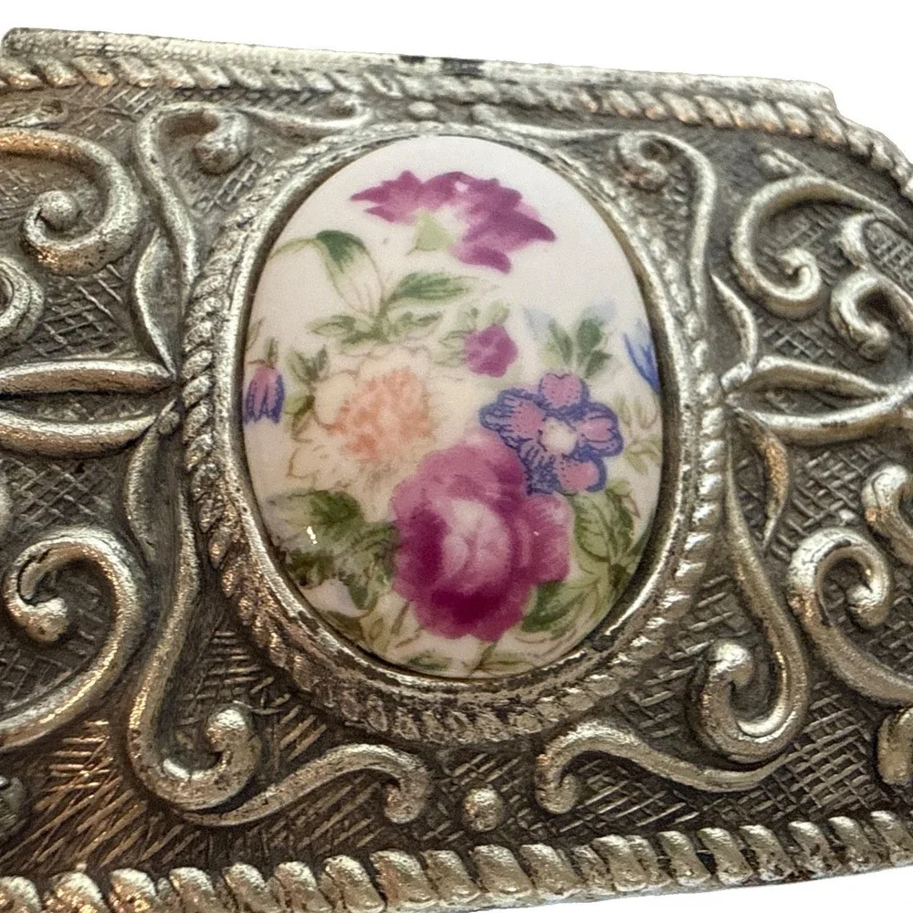 Victorian Style Rose Cameo Vanity Trinket Box Vintage Japan Signed Red Velvet